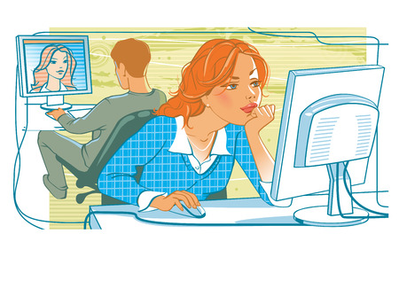 Man and woman sitting at computers, surfing internet, communicating onlineの写真素材