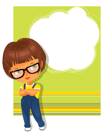 Cute little girl wearing glasses. White text frame. Yellow-green striped background with place for text. Design of card, invitation, book, notepaper cover.の写真素材