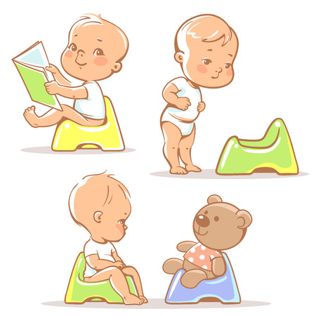 Set of cute little babies sitting on potty. Potty training illustration. Toddler learning to use potty.1 year old kid reading book. Happy baby with toy. Children vector isolated on white background.の写真素材