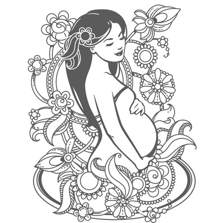 Stylized isolated vector label. Elegant figure of beautiful mother. Woman expecting baby, One color illustration for your product. Symbol of pregnancy. Design template.のイラスト素材