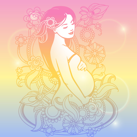 Stylized vector illustration. Elegant figure of beautiful mother. Woman expecting baby, Colorful illustration for your product. Symbol of pregnancy. Design template.のイラスト素材