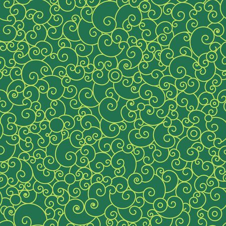 Abstract swirl seamless pattern.Yellow shell shapes on green background. New year and christmas background,のイラスト素材