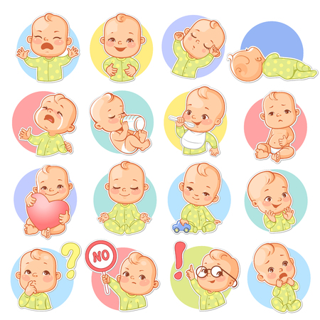 Set with baby stickers. Cute little baby boy Face expressions. Sad, happy, scared, sleep, cry. Template for social media, messenger. Vector illustration.のイラスト素材