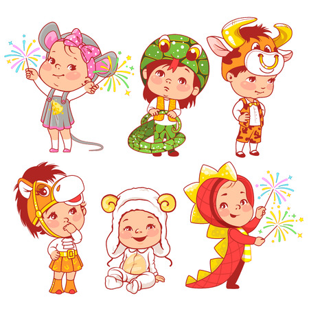 Cute little baby wear carnival costumes. Kindergarten masquerade. Preschool kids as animals. Mask of dragon, ox, mouse, snake, sheep, horse. Girls and boys play animals. Vector illustration.のイラスト素材