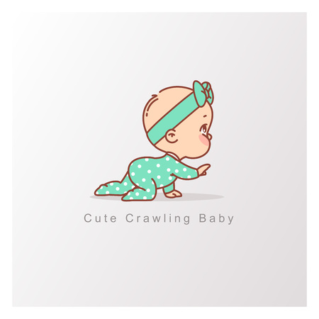 Baby girl in green pajamas crawl isolated. Curious baby. Design template. Vector color illustration.のイラスト素材