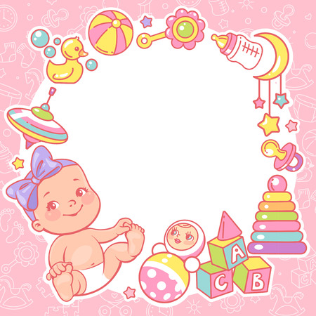 Baby shower design template. Baby girl with toy frame.のイラスト素材