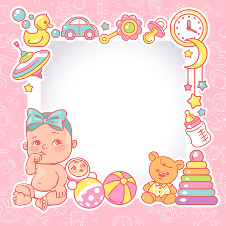 Baby shower design template. Baby girl with toy frame.のイラスト素材