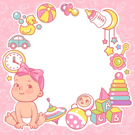 Baby shower design template. Baby girl with toy frame.のイラスト素材