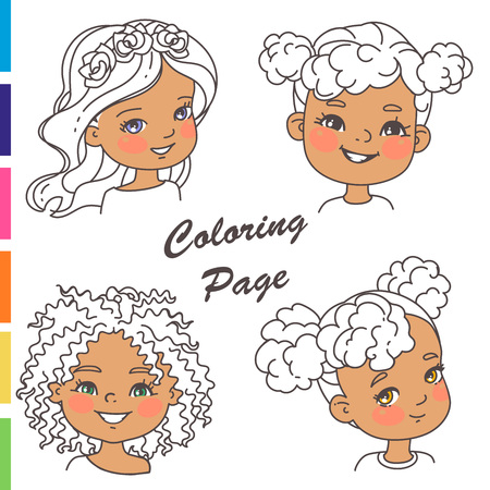 Coloring page. Young girl portraits with different hairstylesのイラスト素材