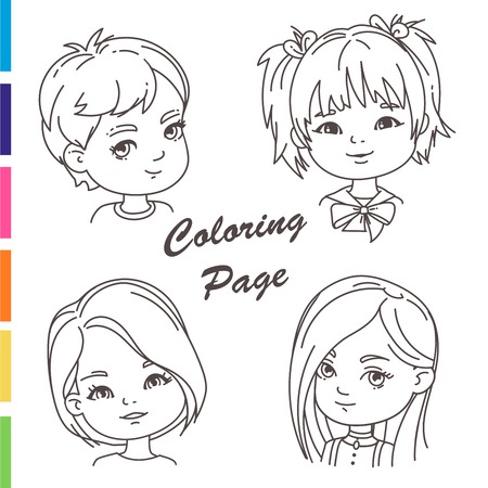 Coloring page. Young girl portraits with different hairstylesのイラスト素材