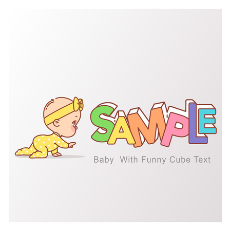 Little baby crawling. Kid near template, cubic form of letterのイラスト素材