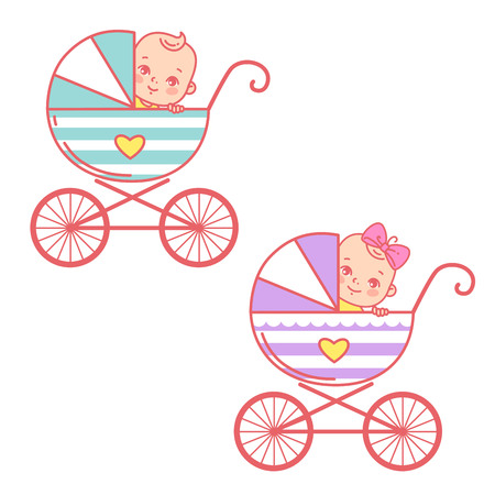 Happy baby boy and girl in stroller. Smiling child sitting in the carriage. Color illustrationのイラスト素材