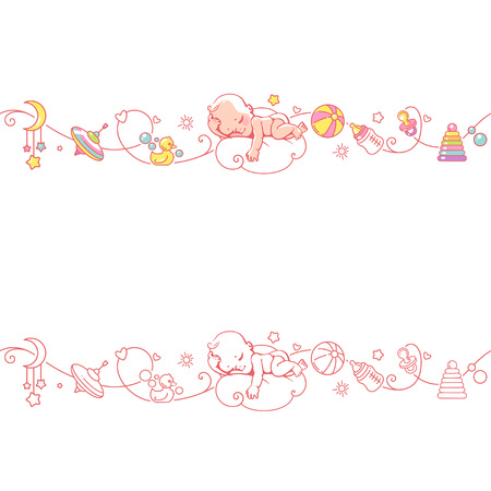 Seamless ornamental border with baby objects and toys.のイラスト素材