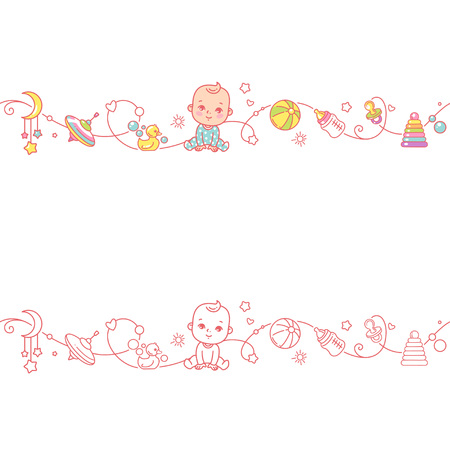 Seamless ornamental border with baby objects and toys.のイラスト素材