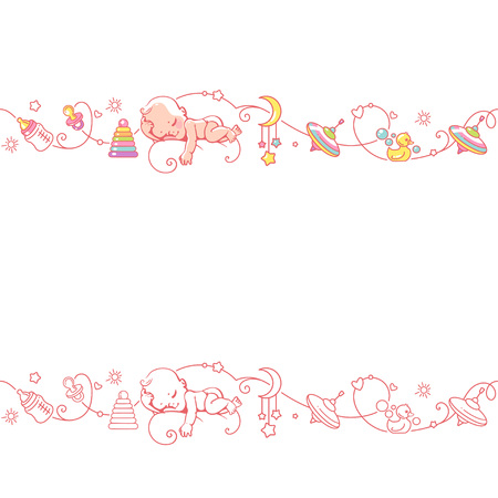 Seamless ornamental border with baby objects and toys.のイラスト素材