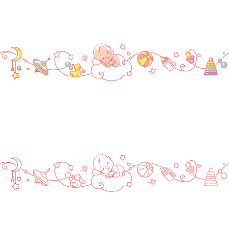 Seamless ornamental border with baby objects and toys.のイラスト素材