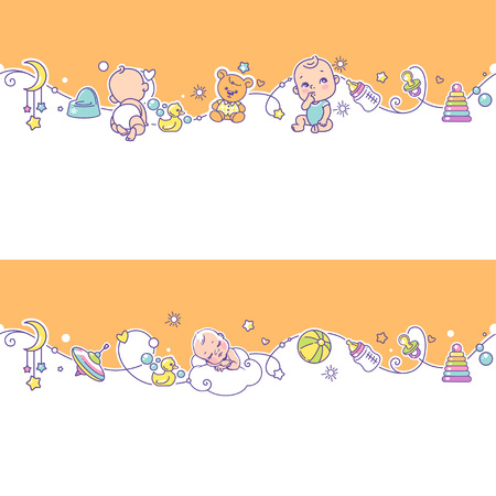 Seamless border with playing baby boys, girls and toys.のイラスト素材