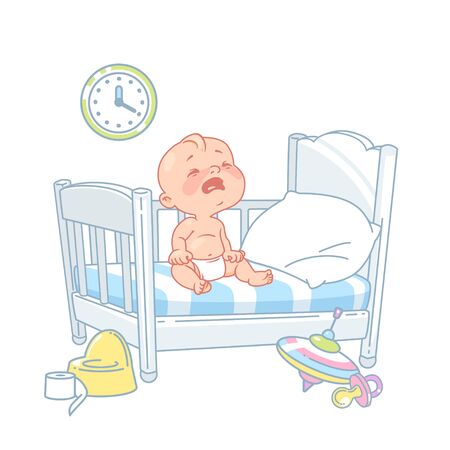 Cute little baby sit crying in bed.のイラスト素材