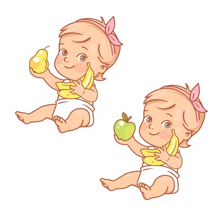 Cute little baby girl hold apple, banana and pear.のイラスト素材