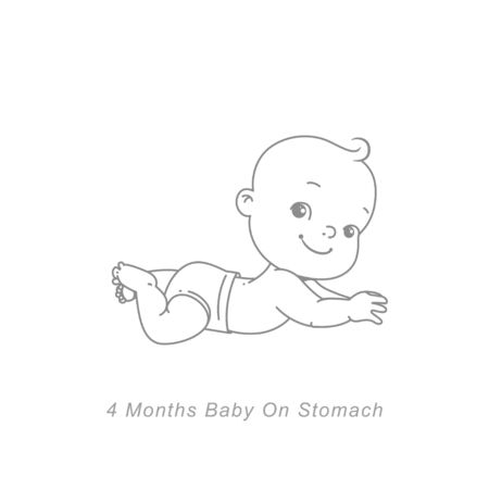  Baby development stages in first year. Cute little baby boy or girl lying on stomach, head up. Sketchy hand drawn style. Background with toys and objects. Vector illustration. のイラスト素材
