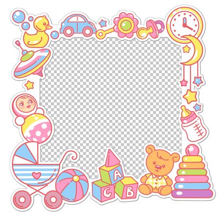 Vector frame with baby objects. Toys, accessories, clothes with transparent frame. Baby shower design template. Photo frame for baby picture. Newborn baby background. Color vector illustration.のイラスト素材