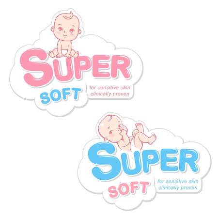 Diaper, wet wipes, soap logo template. Baby in diaper emblemのイラスト素材
