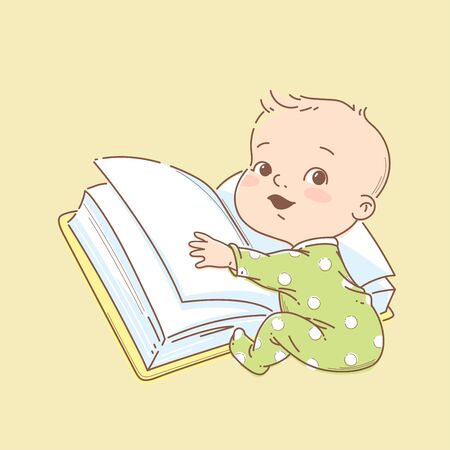 Little smart baby reading big open book.のイラスト素材