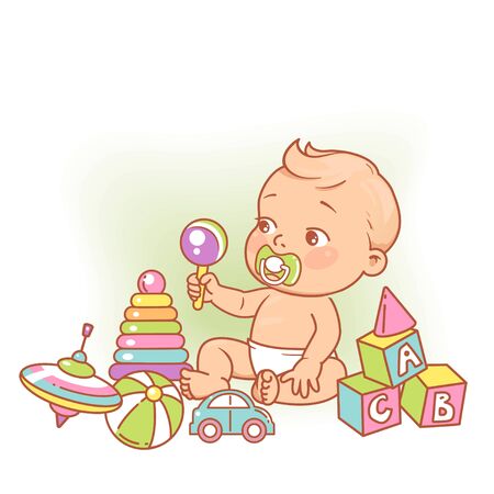 Little baby boy in diaper sitting playing with toys.のイラスト素材