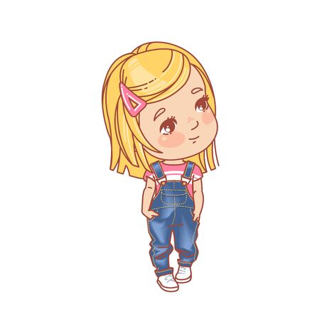 Denim clothes for children. Preschool and school fashion outfit. Cute smiling young girl with blonde hair standing. Color vector illustration.のイラスト素材