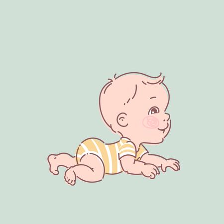 Active baby of age of 6-12 months learn to crawl. First year of child milestone. Baby growth. Healthy baby play. Color vector illustration.のイラスト素材