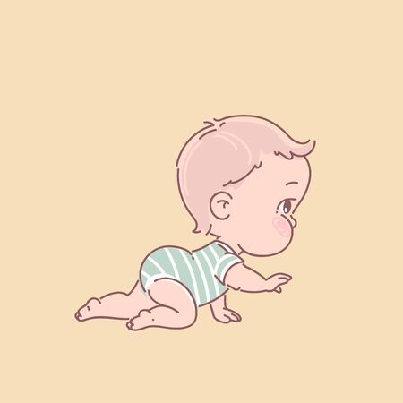 Cute little baby boy in diaper, blue bodysuit, crawling.のイラスト素材