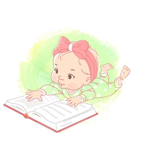 Cute little baby girl laying on stomach, learning. Boy wear white bodysuit, reach out for open book with hand. Child development, education. Baby reading. Kid in pajamas. Color vector illustrationのイラスト素材