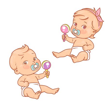 Playful kids isolated. Cute toddler child with pacifier and rattle. Color vector illustration.のイラスト素材