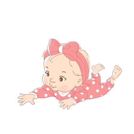 Cute little girl wearing pink polka dot overalls, pajamas reach out for object with hand. Baby of 6-12 months health and development. Kid isolated on white background. Color vector illustration set.のイラスト素材
