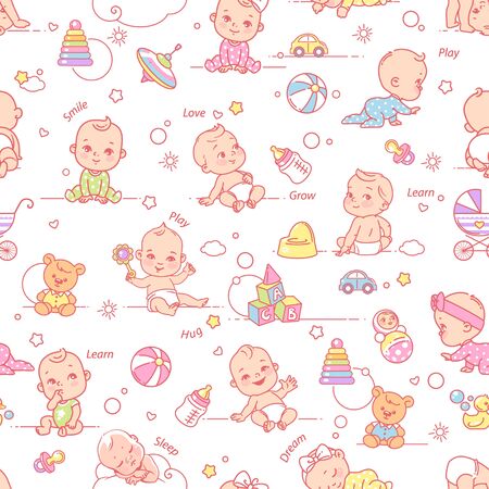 Little baby girls and boys in diaper and pajamas play, sleep, sit, crawl. Toys, clothes, icons, symbols of childhood and maternity. Endless background vector illustration.のイラスト素材