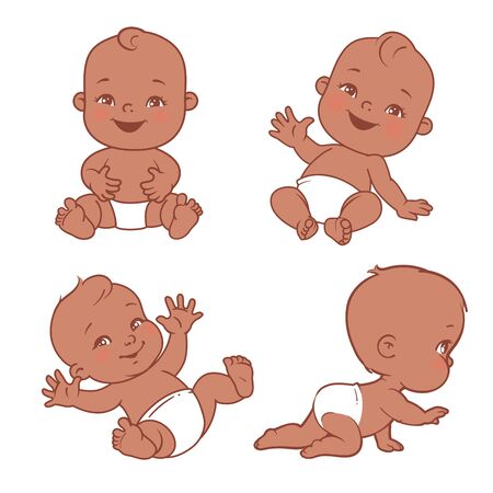 Little black skin baby sit, crawl First year of child. African american boy or girl in diaper. Vector illustrationのイラスト素材