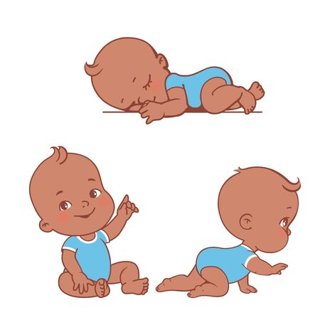 Little black skin baby boyl sit, craw, sleep First year of child. African american boy in diaper and bodysuit. Vector illustrationのイラスト素材