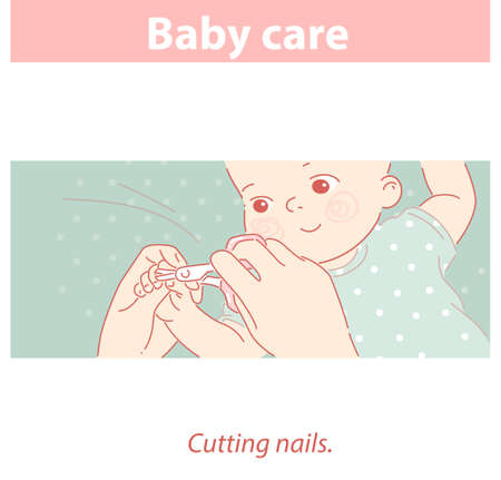 Baby care. Cutting nails of little child.のイラスト素材