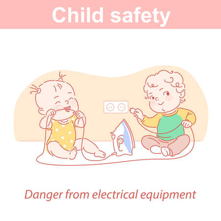 Baby safety. Two children and dangers at home.のイラスト素材
