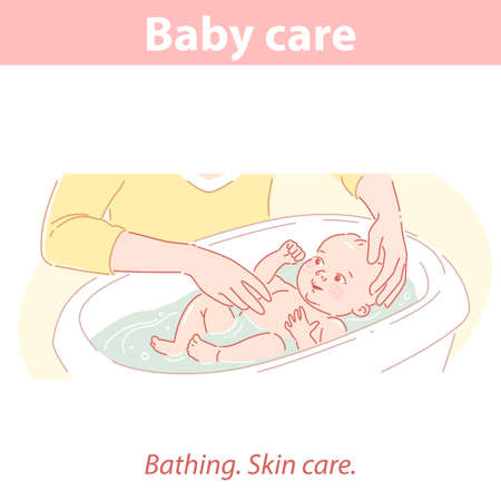 Cute little baby boy or girl taking a bath.のイラスト素材