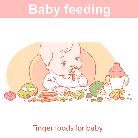 Baby feeding. Child tastes different foods at the tableのイラスト素材
