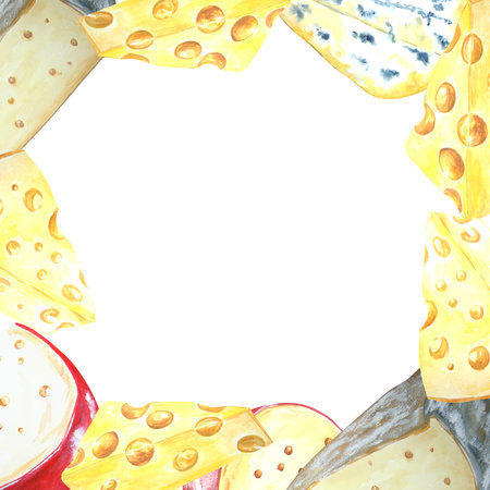 Watercolor drawing of fresh, natural cheese. Cheese composition. isolated on white background. Farm dairy products. Can be used for packaging design of dairy products, recipes, prints, napkins, postcards, advertisingの写真素材