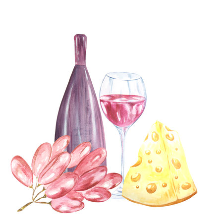 Watercolor composition of a glass of red wine, a bottle of wine, cheese and grapes on a white background. handmade. Raster Can be used in product advertising, postcards, napkinsの写真素材