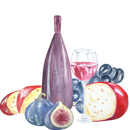 Watercolor composition of glasses with red wine, cheese and grapes on a white background. handmade. Raster Can be used in product advertising, postcards, napkins, compositions.の写真素材
