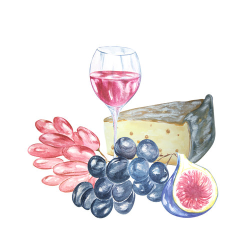Watercolor composition of a glass of red wine, cheese, figs and grapes on a white background. handmade. Raster Can be used in product advertising, postcards, napkins, compositions.の写真素材