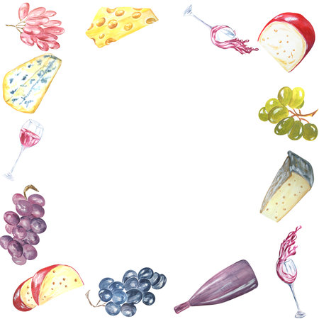Watercolor composition of a glass of red wine, figs and cheese on a white background. handmade. Raster Can be used in product advertising, postcards, napkins, compositions.の写真素材
