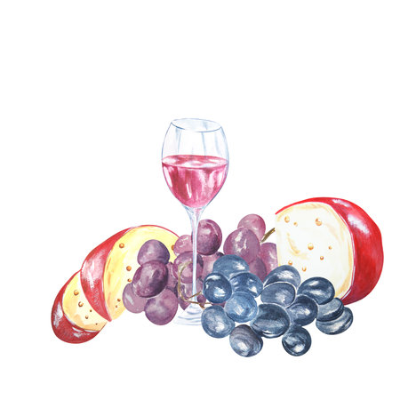 Watercolor composition of a glass of wine, cheese and grapes. handmade. Raster Can be used in product advertising, postcards, napkins, compositions.の写真素材