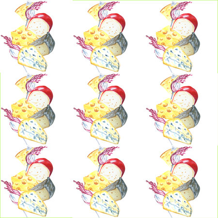 Watercolor pattern from different types of cheese. Raster Can be used on postcards, product advertisements, napkins, patternsの写真素材