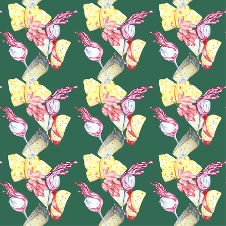 Watercolor pattern of grapes, glasses of wine and cheese. Raster Can be used on postcards, product advertisements, napkins, patterns.の写真素材