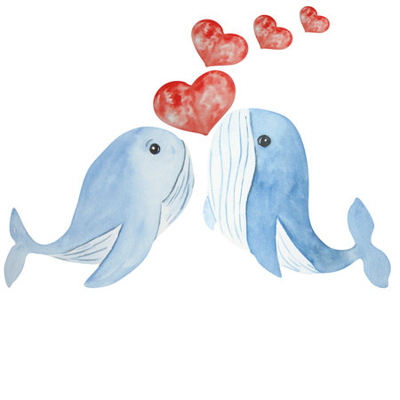 Watercolor composition of blue whales on a white background. self made. Can be used on postcards, napkins, logos, t-shirts.の写真素材